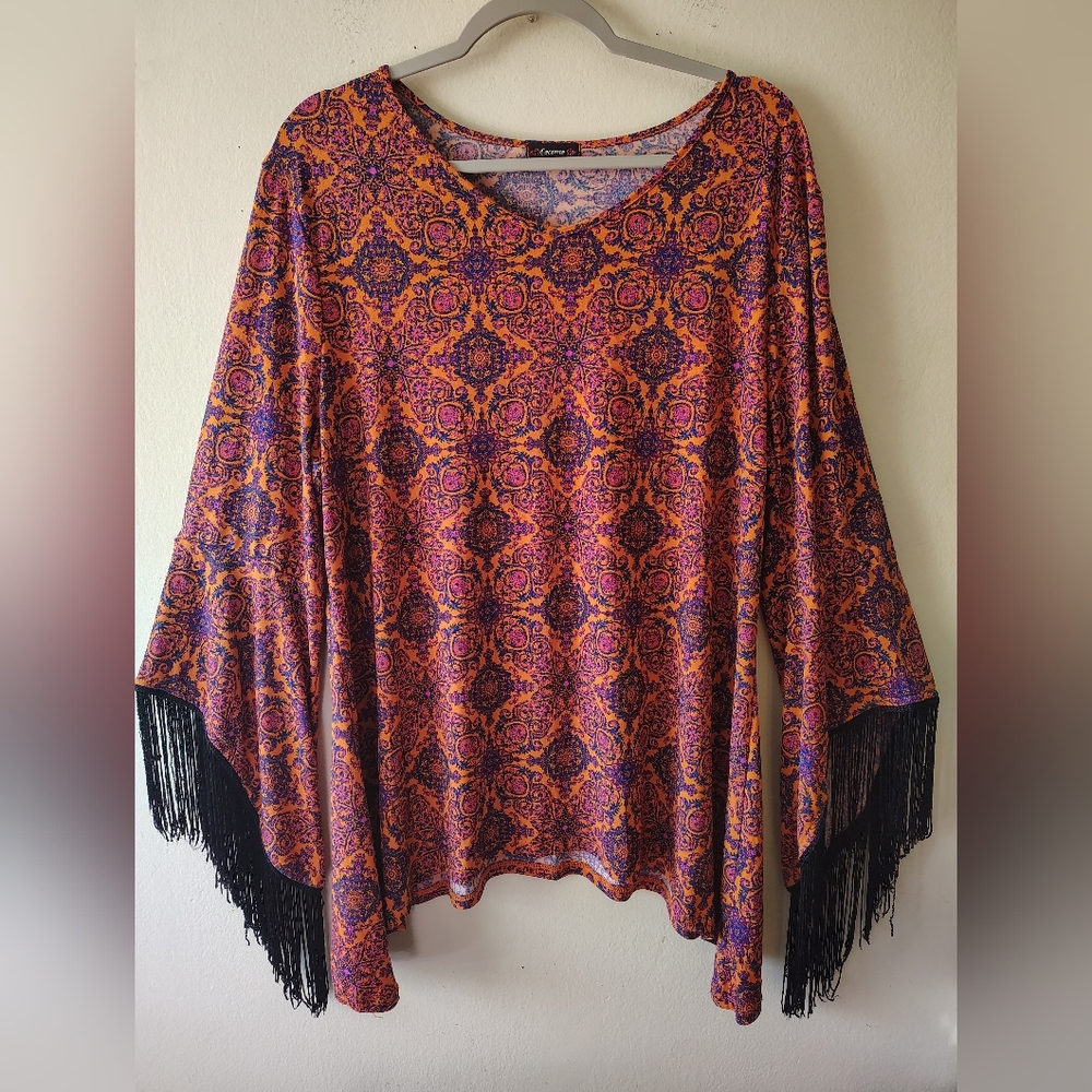 Cocomo Southwestern Boho Flowy Tassel Fringe Casual Popover Tunic Top XL/1X